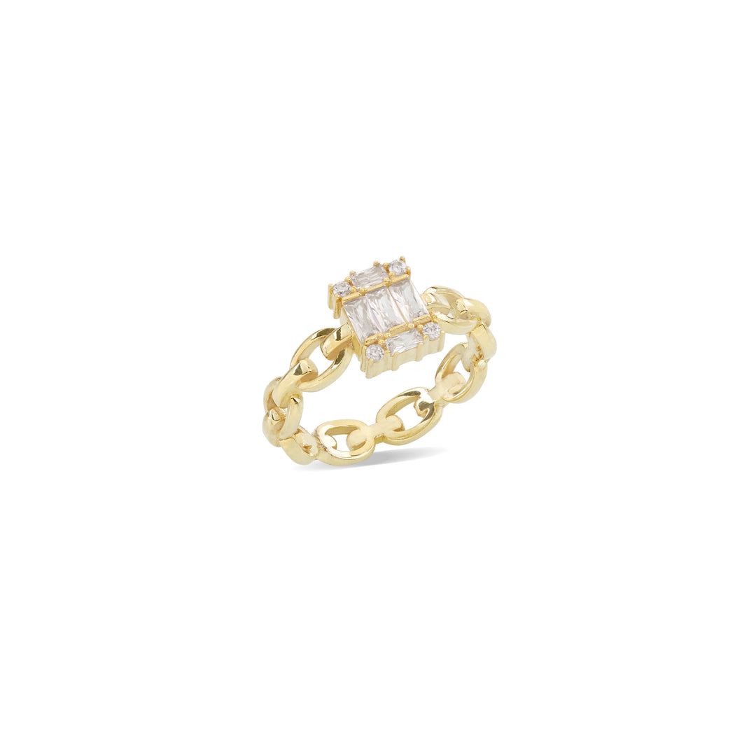 Anello in maglia marina argento 925 pietre taglio baguette bianche placcatura oro giallo - Laura P. Jewels