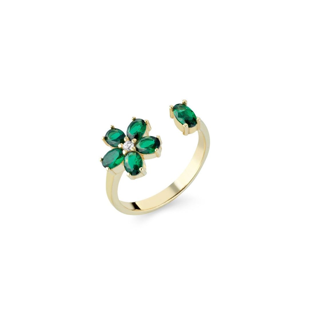 Anello fiore ovali verdi, argento 925, pietre taglio ovale verdi, zirconi bianchi, placcatura oro giallo 18kt - Laura P. Jewels