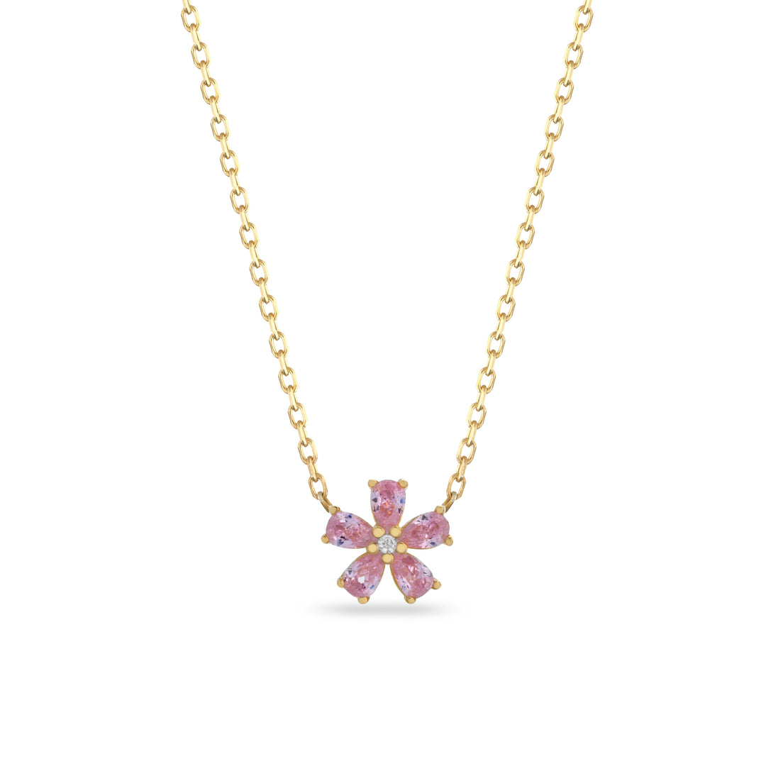 Collana fiorellino zirconi rosa, argento 925, pietre taglio goccia, zirconi rosa, placcatura oro giallo 18kt - Laura P. Jewels