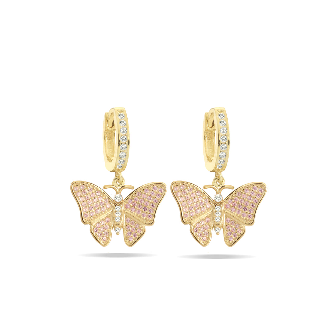 Orecchini farfalle, argento 925, zirconi rosa e bianchi, placcatura oro giallo 18kt - Laura P. Jewels