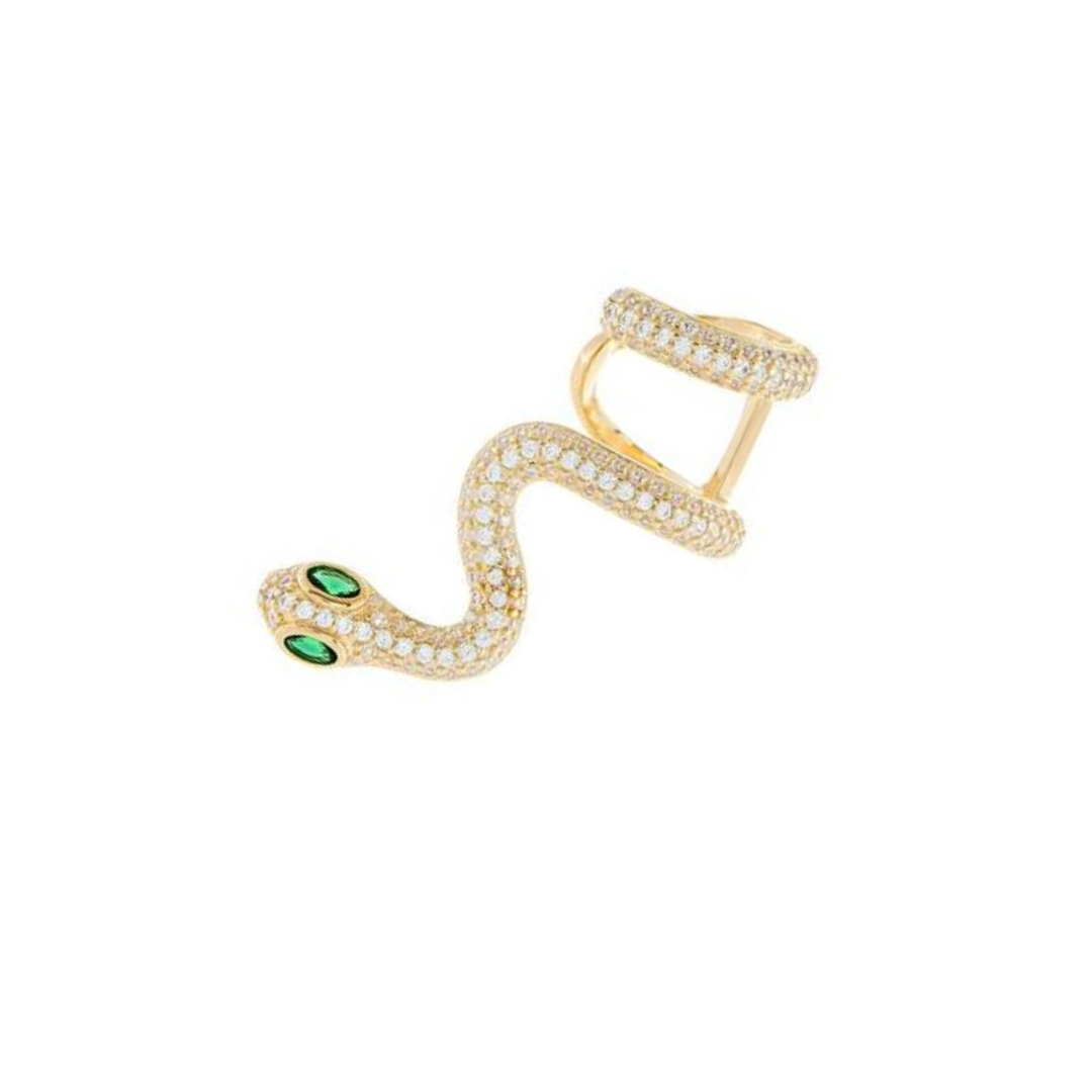 Orecchino serpente, argento 925, zirconi bianchi e verdi, placcatura oro giallo 18kt - Laura P. Jewels