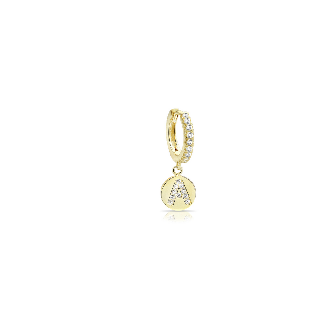 Orecchino iniziale lettera A, argento 925, zirconi bianchi, placcatura oro giallo 18kt - Laura P. Jewels