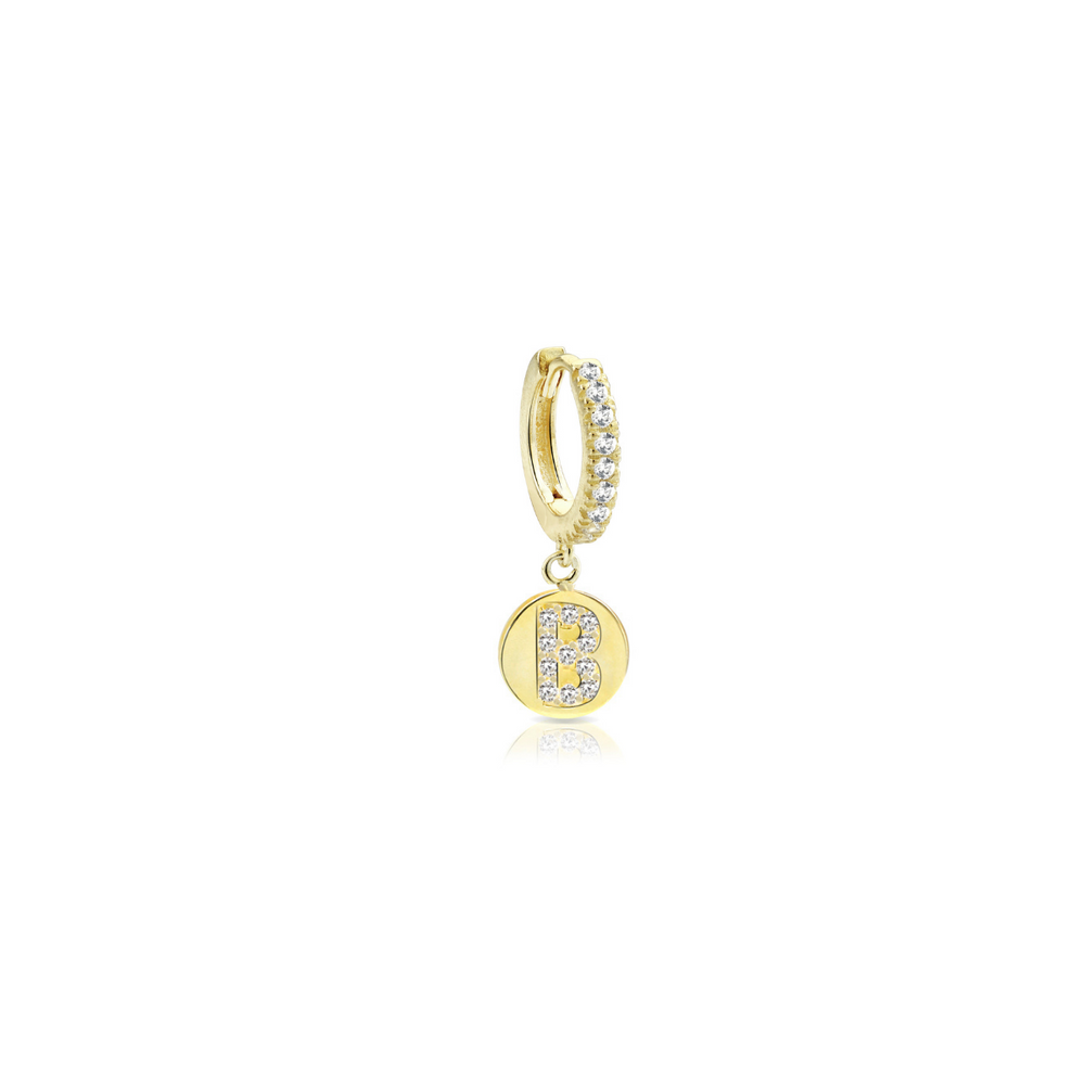 Orecchino iniziale lettera B, argento 925, zirconi bianchi, placcatura oro giallo 18kt - Laura P. Jewels