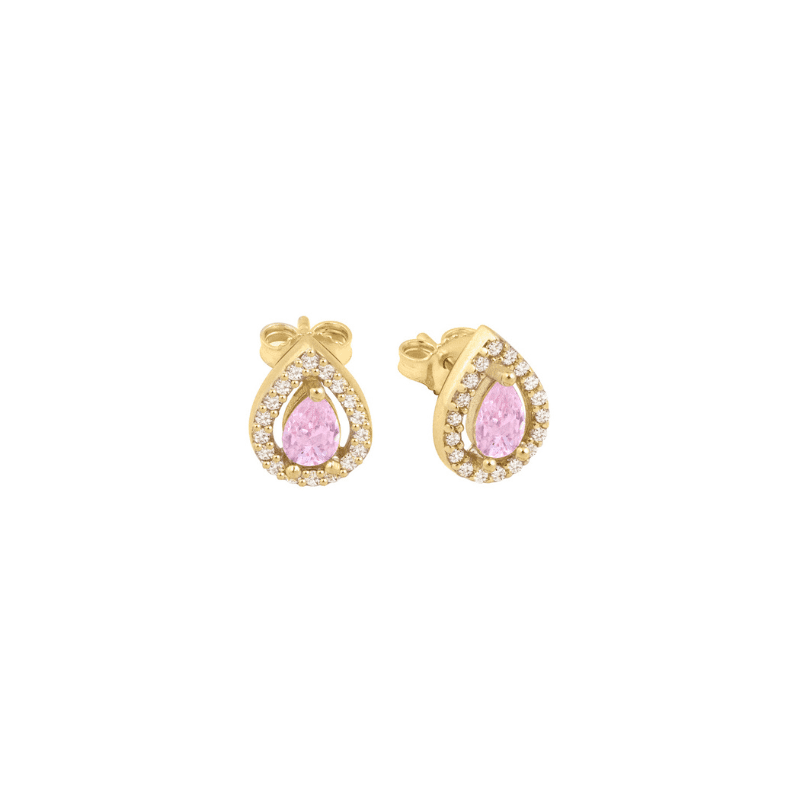 Orecchini goccia rosa, argento 925, pietra taglio goccia color rosa, zirconi bianchi, placcatura oro giallo 18kt - Laura P. Jewels