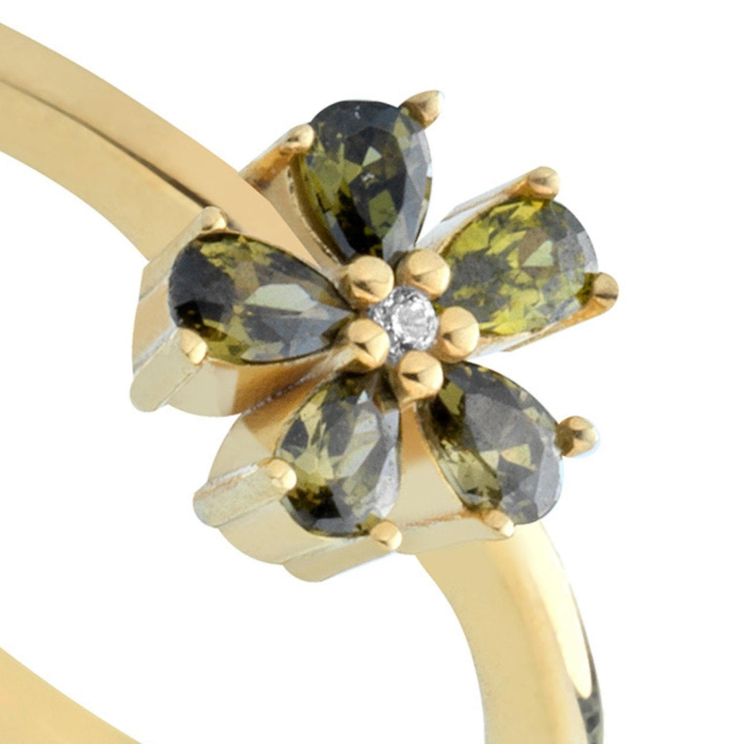 Anello fiore zirconi azzurri, argento 925, pietre taglio goccia, zirconi verdi, placcatura oro giallo 18kt - Laura P. Jewels