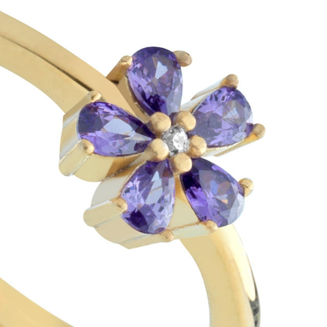 Anello fiore zirconi azzurri, argento 925, pietre taglio goccia, zirconi viola, placcatura oro giallo 18kt - Laura P. Jewels