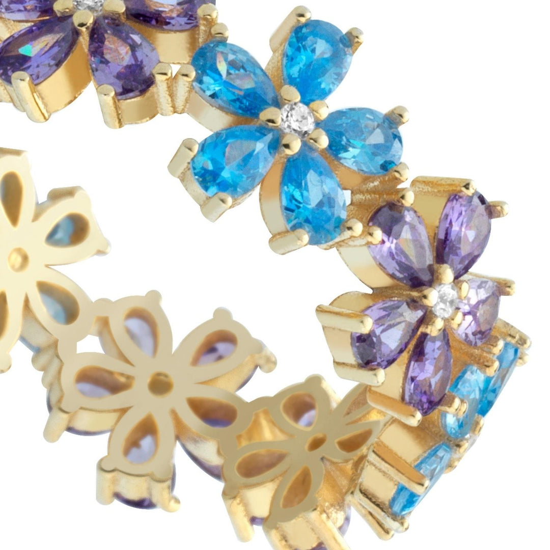 Anello fiori, argento 925, pietre taglio goccia, zirconi viola e azzurri, placcatura oro giallo 18kt - Laura P. Jewels