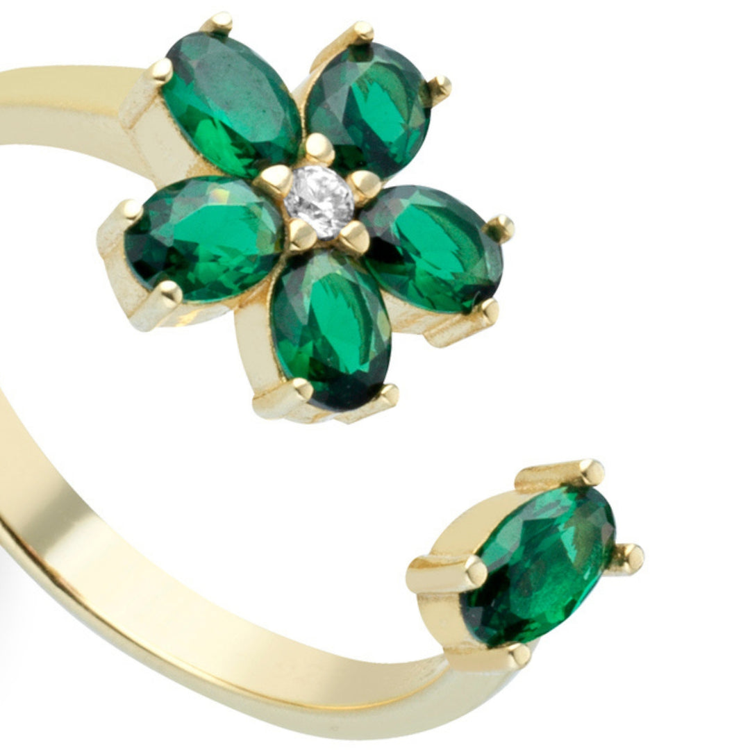 Anello fiore ovali verdi, argento 925, pietre taglio ovale verdi, zirconi bianchi, placcatura oro giallo 18kt - Laura P. Jewels