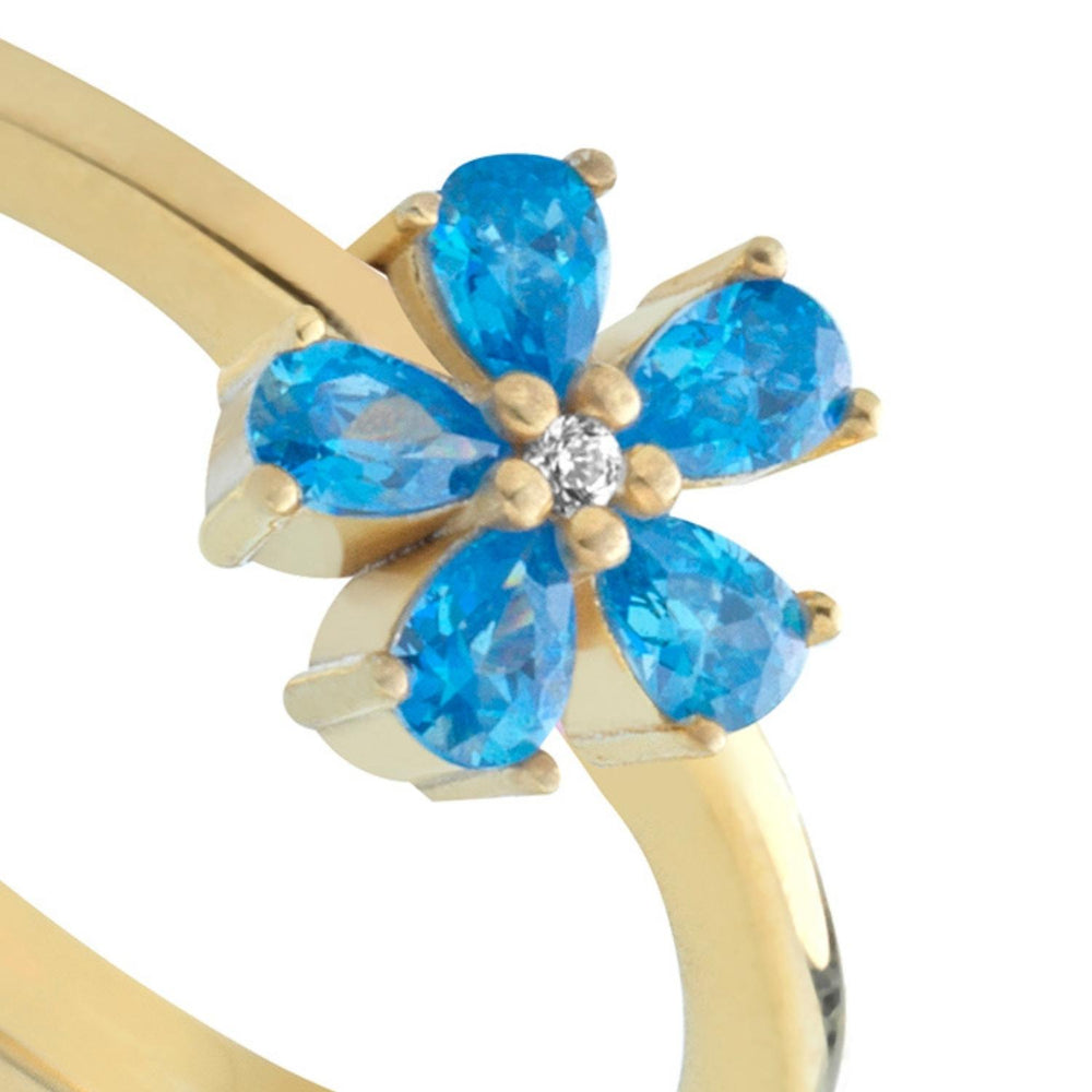 Anello fiore zirconi azzurri, argento 925, pietre taglio goccia, zirconi azzurri, placcatura oro giallo 18kt - Laura P. Jewels