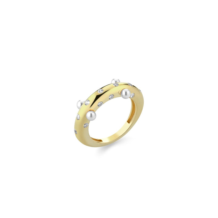 Anello bombato con perline e zirconi bianchi, argento 925, con perle di acqua dolce, zirconi bianchi, placcatura oro giallo 18kt - Laura P. Jewels