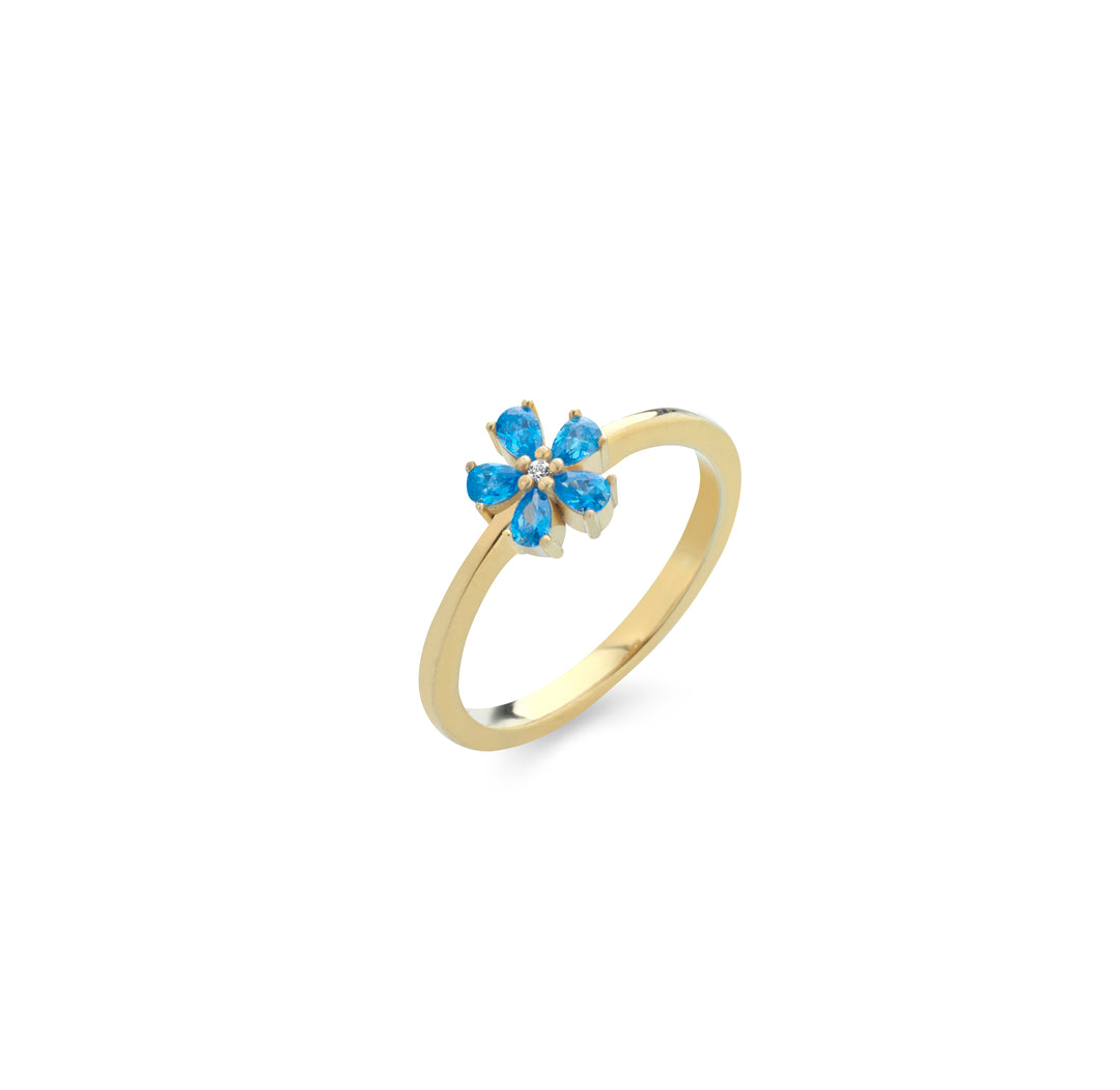 Anello fiore zirconi azzurri, argento 925, pietre taglio goccia, zirconi azzurri, placcatura oro giallo 18kt - Laura P. Jewels