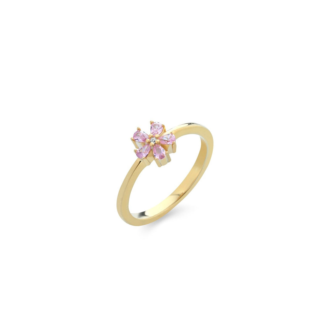 Anello fiore zirconi azzurri, argento 925, pietre taglio goccia, zirconi rosa, placcatura oro giallo 18kt - Laura P. Jewels