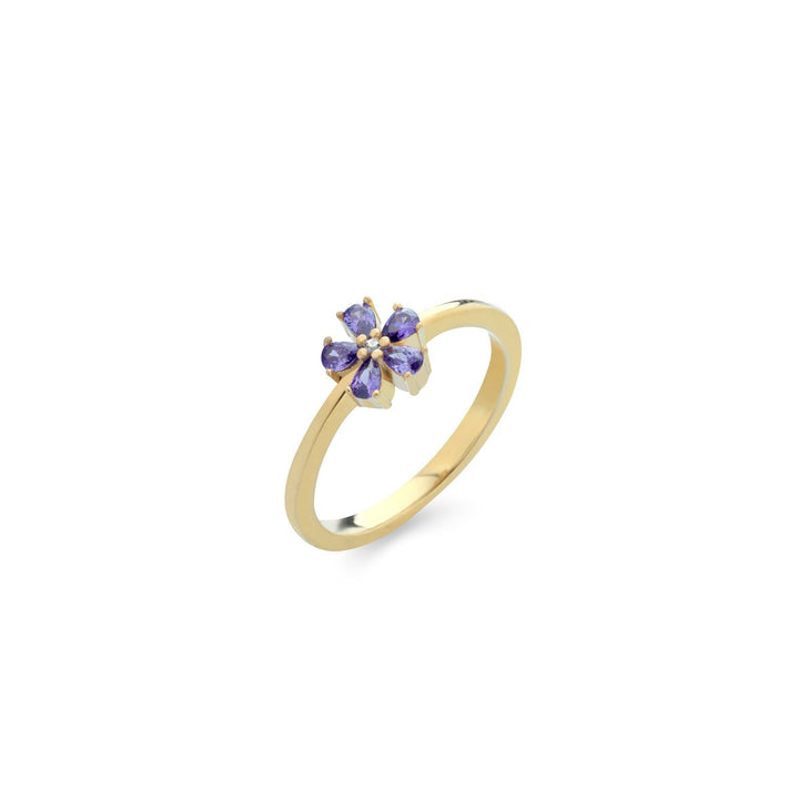 Anello fiore zirconi azzurri, argento 925, pietre taglio goccia, zirconi viola, placcatura oro giallo 18kt - Laura P. Jewels