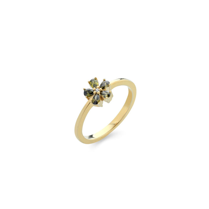 Anello fiore zirconi azzurri, argento 925, pietre taglio goccia, zirconi verdi, placcatura oro giallo 18kt - Laura P. Jewels
