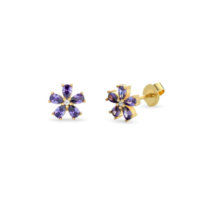 Orecchini fiorellino zirconi viola, argento 925, pietre taglio goccia, zirconi viola, placcatura oro giallo 18kt - Laura P. Jewels