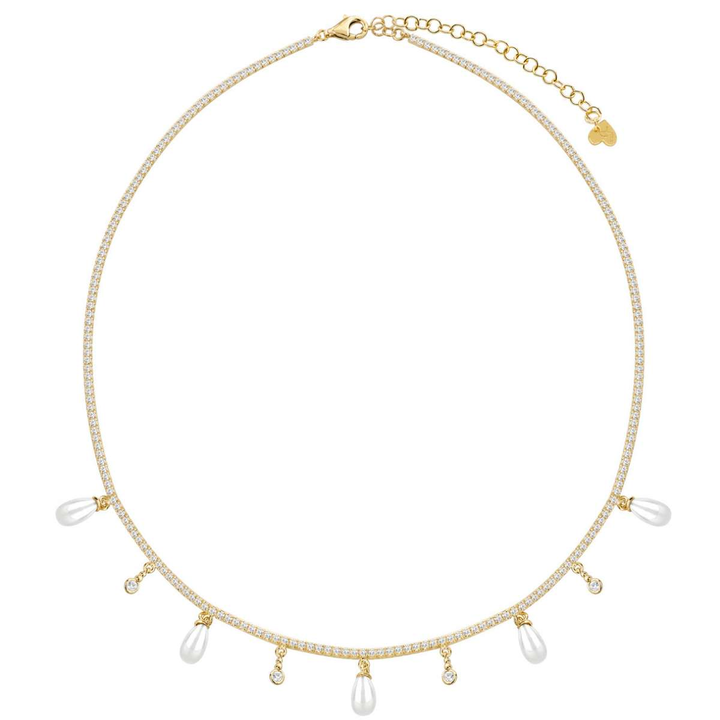 Girocollo tennis perle di acqua dolce, argento 925, zirconi e solitari bianchi, placcatura oro giallo 18kt - Laura P. Jewels