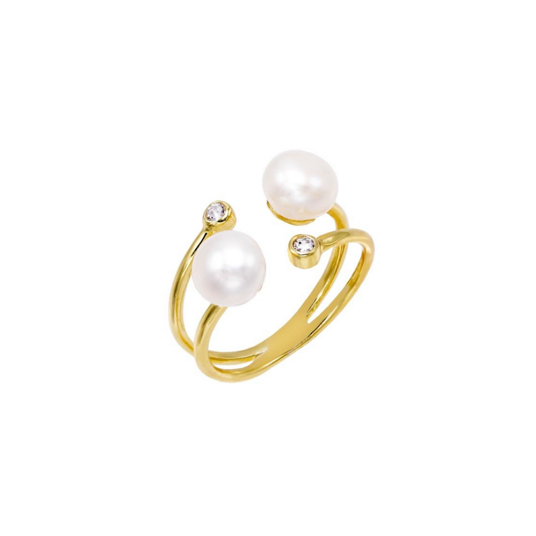 Anello doppia perla e zirconi bianchi argento 925 placcatura oro giallo - Laura P. Jewels