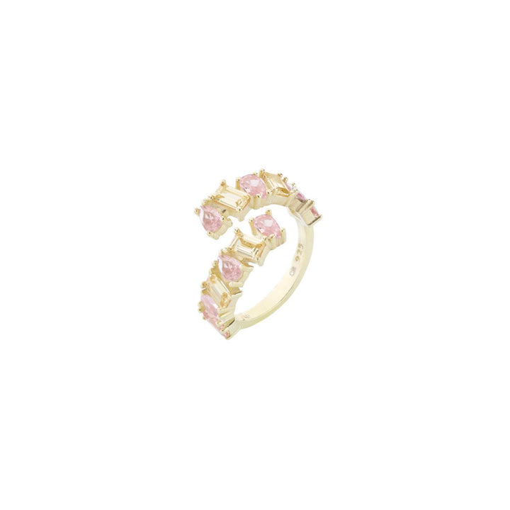 Anello contrarié Princess Baguette argento 925 placcatura oro giallo 18kt pietre zirconi color rosa e champagne - Laura P. Jewels