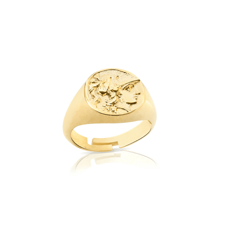 Anello chevalier a forma di moneta, anello da mignolo, argento 925, placcatura oro giallo 18kt - Laura P. Jewels
