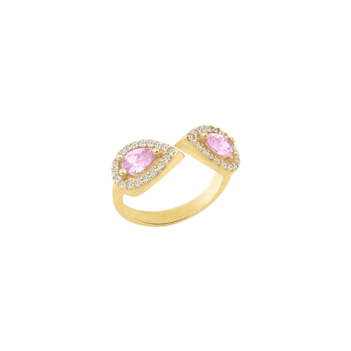 Anello argento 925 gocce rosa e zirconi bianchi, argento 925, pietre taglio goccia, placcatura oro giallo - Laura P. Jewels