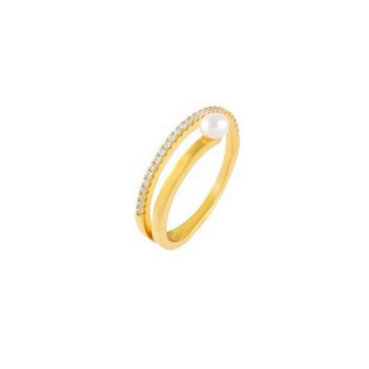 Anello vera argento 925 zirconi bianchi e perlina di acqua dolce placcatura oro giallo - Laura P. Jewels