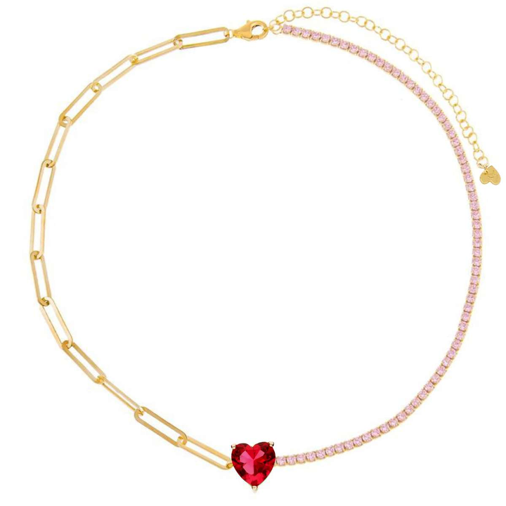 Collana cuore rosso argento 925 pietra taglio cuore rosso zirconi rosa placcatura oro giallo 18kt - Laura P. Jewels