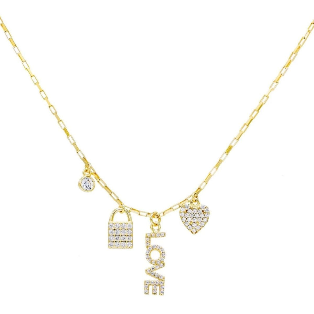 Collana charms love, cuore, lucchetto argento 925 zirconi bianchi placcatura oro giallo 18kt - Laura P. Jewels