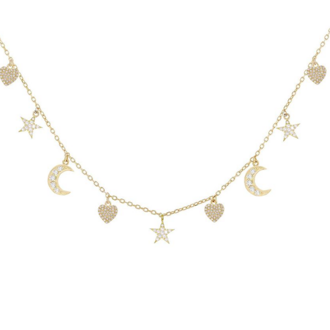 Collana cuori lune e stelle argento 925 zirconi bianchi placcatura oro giallo 18kt - Laura P. Jewels