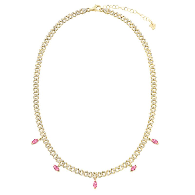 Girocollo groumette argento 925, pietre taglio navette rosa, zirconi bianchi, placcatura oro giallo 18kt - Laura P. Jewels