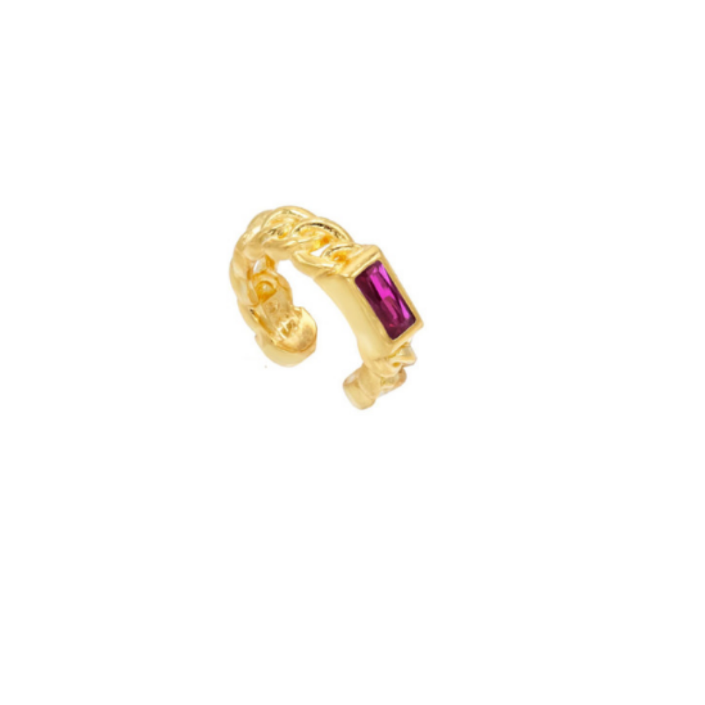 Earcuff baguette, argento 925, pietra taglio baguette, zirconi magenta, placcatura oro giallo 18kt - Laura P. Jewels