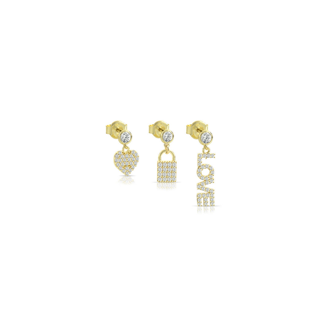 Orecchini tris love a forma di lucchetto e cuore, argento 925, zirconi bianchi, placcatura oro giallo 18kt - Laura P. Jewels