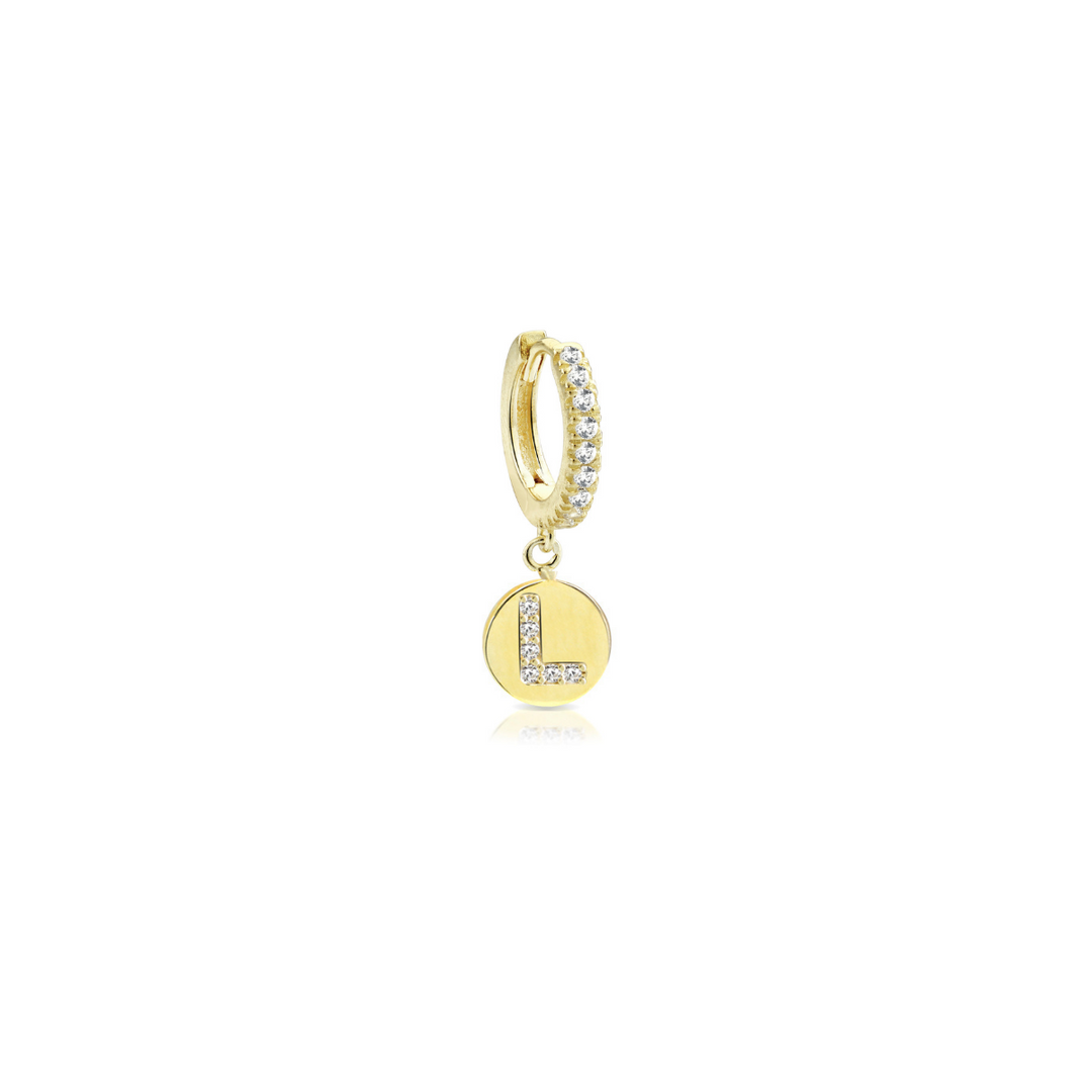 Orecchino iniziale lettera L, argento 925, zirconi bianchi, placcatura oro giallo 18kt - Laura P. Jewels