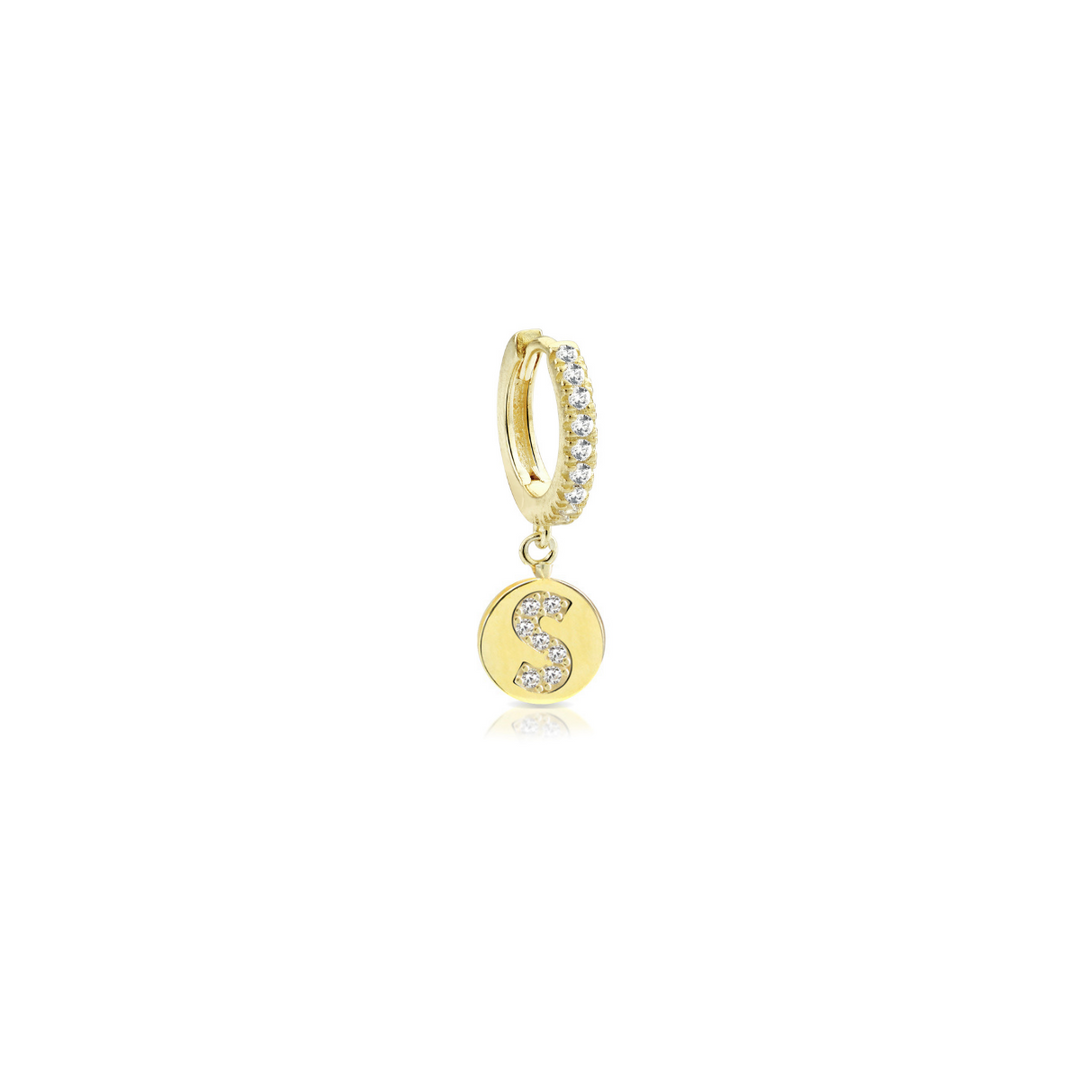 Orecchino iniziale lettera S, argento 925, zirconi bianchi, placcatura oro giallo 18kt - Laura P. Jewels