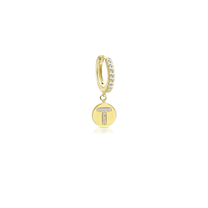 Orecchino iniziale lettera T, argento 925, zirconi bianchi, placcatura oro giallo 18kt - Laura P. Jewels