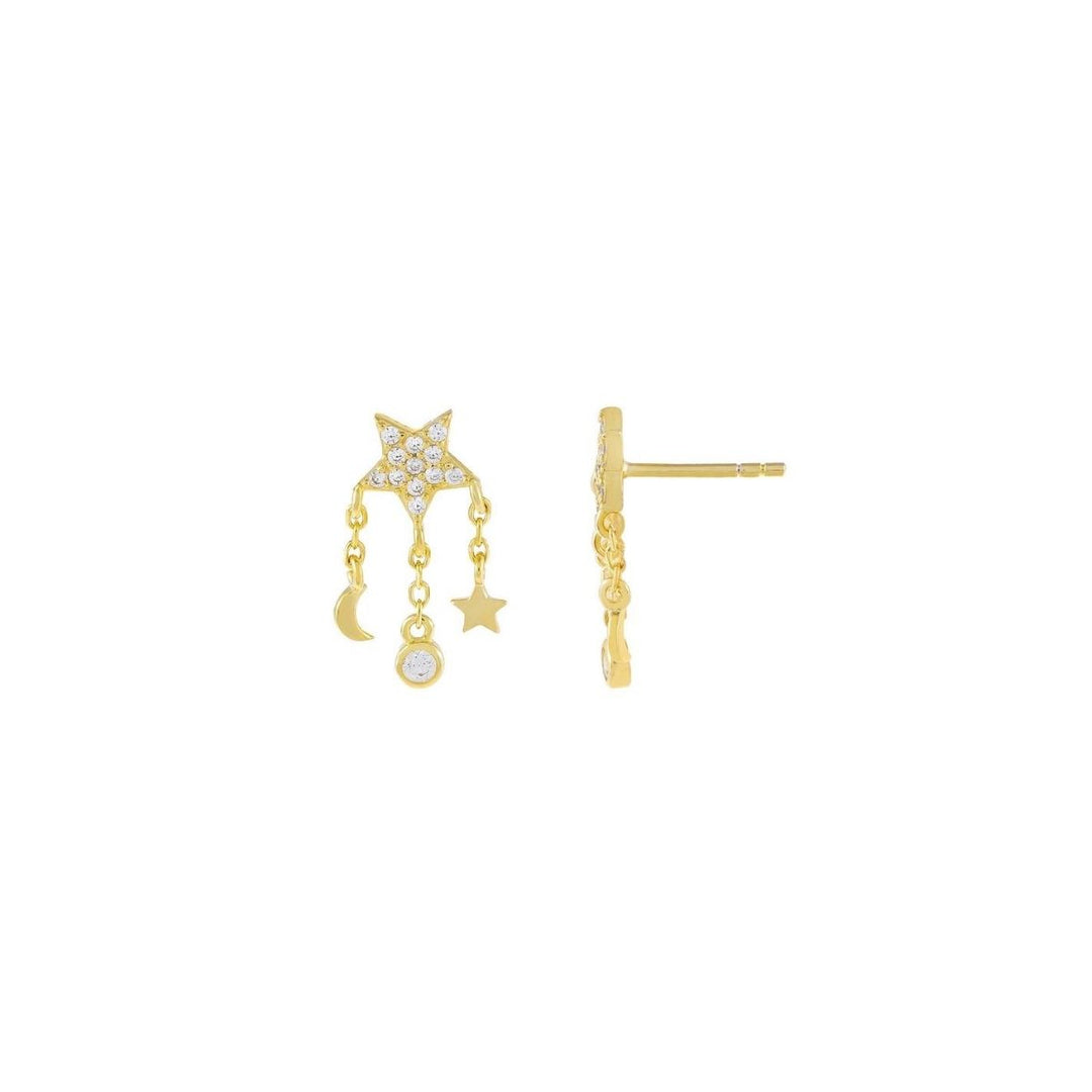 Orecchini stelle con ciondoli, argento 925, zirconi bianchi, placcatura oro giallo 18kt - Laura P. Jewels