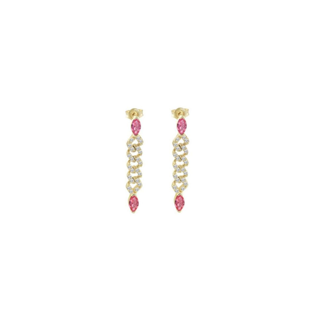 Orecchini groumette navette rosa, argento 925, pietre taglio navette rosa, zirconi bianchi, placcatura oro giallo 18kt - Laura P. Jewels