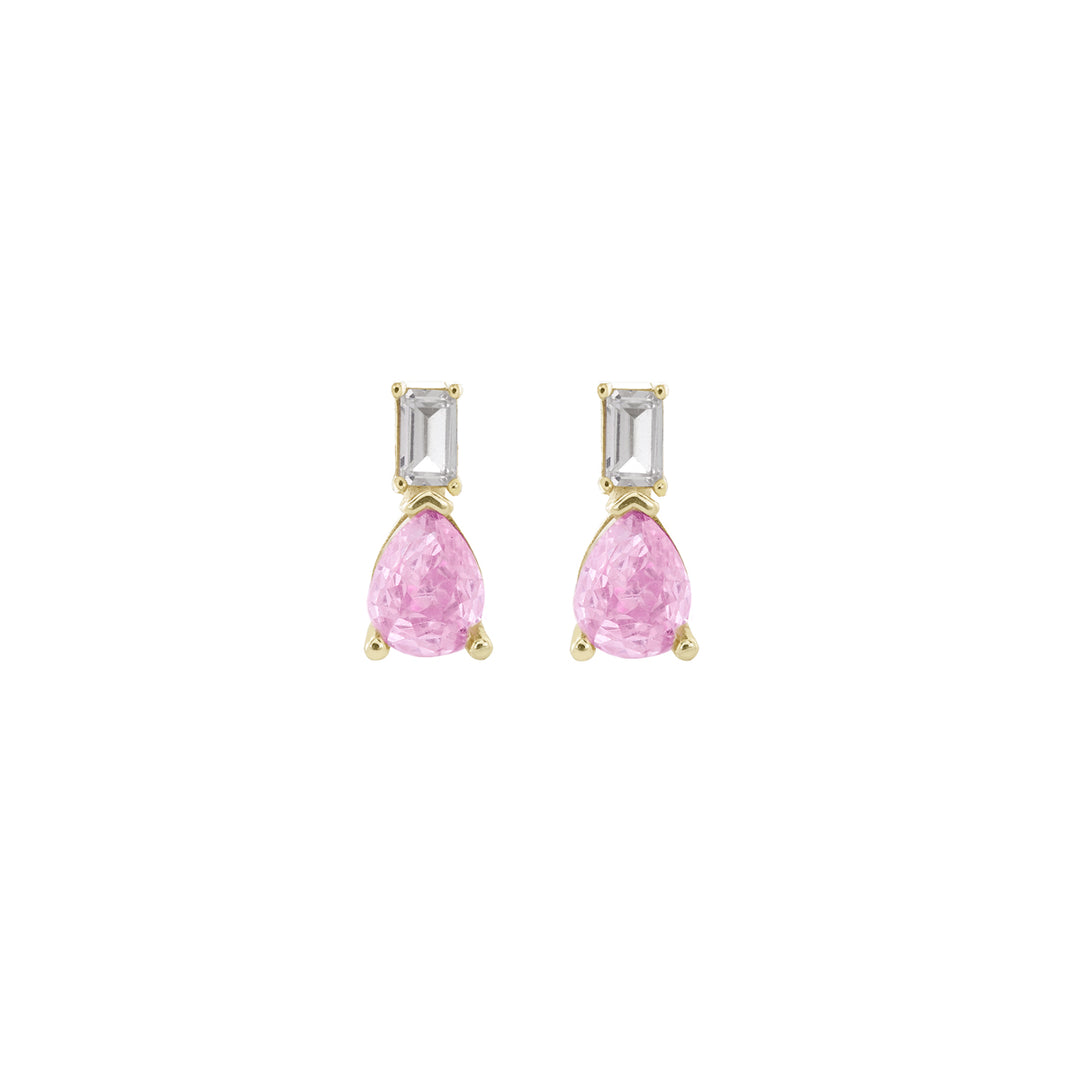 Orecchini baguette bianche argento 925,  pietra taglio goccia rosa, zirconi bianchi, placcatura oro giallo 18kt - Laura P. Jewels