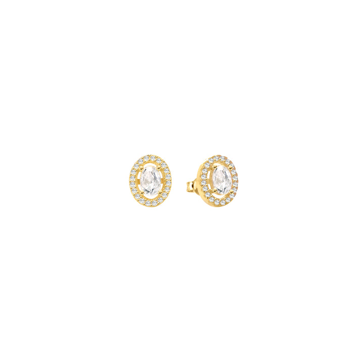 Orecchini ovali bianchi, argento 925, pietre taglio ovale, zirconi bianchi, placcatura oro giallo 18kt - Laura P. Jewels