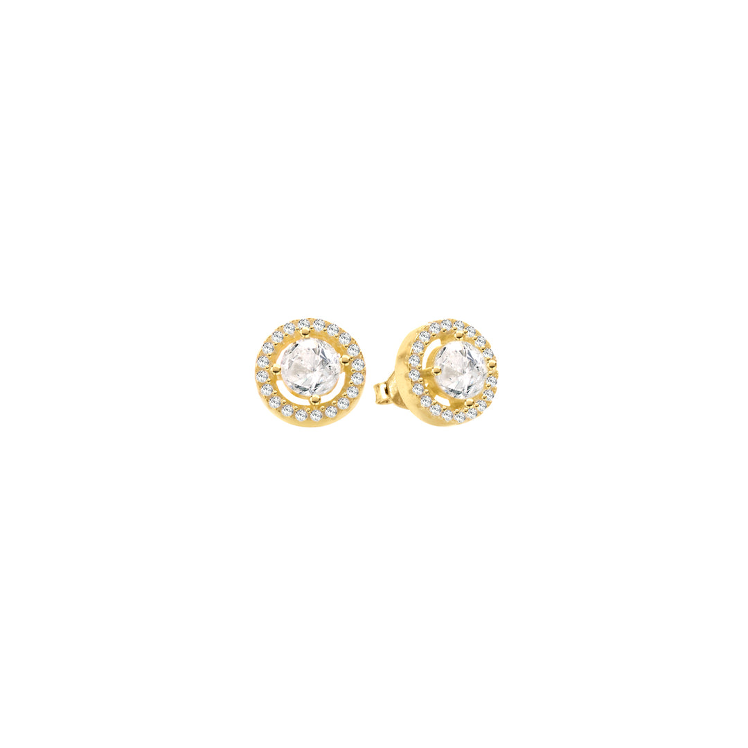 Orecchini round bianchi, argento 925, pietre taglio round, zirconi bianchi, placcatura oro giallo 18kt - Laura P. Jewels