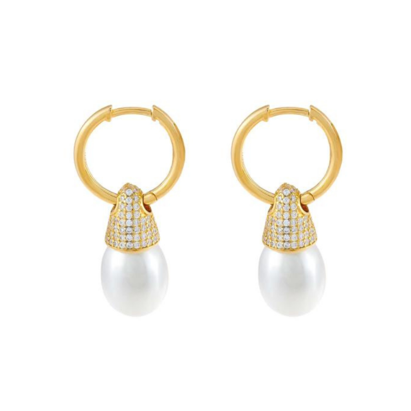 Orecchini cerchio perle di acqua dolce, argento 925, zirconi bianchi, placcatura oro giallo 18kt - Laura P. Jewels