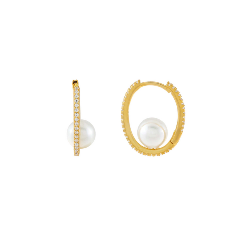Orecchini ovali con perle di acqua dolce, argento 925, zirconi bianchi, placcatura oro giallo 18kt - Laura P. Jewels
